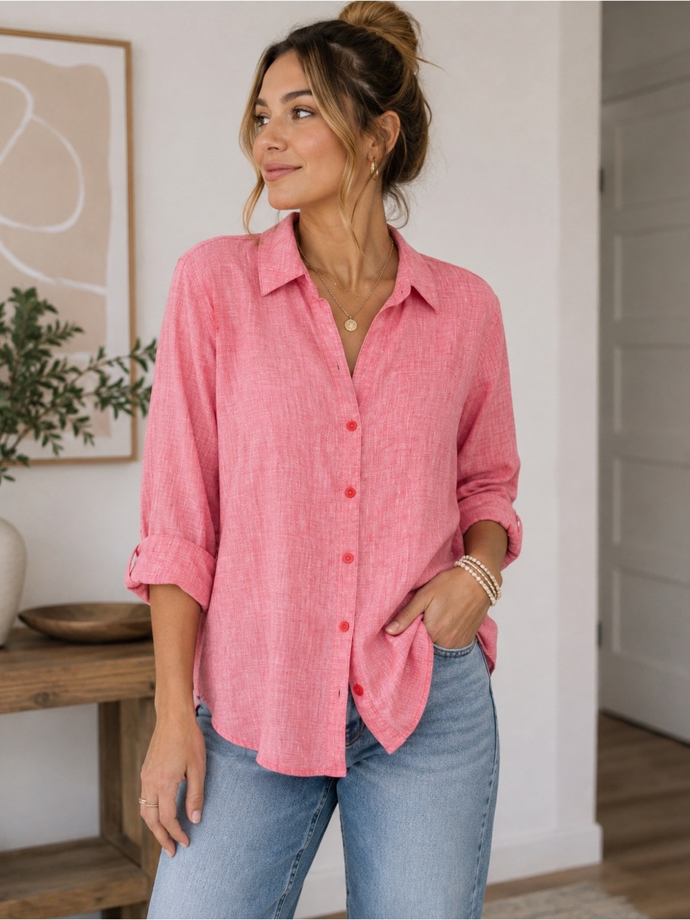 Chico’s 100% Linen Pink‎ Button-Front Shirt – Size 1 / Small